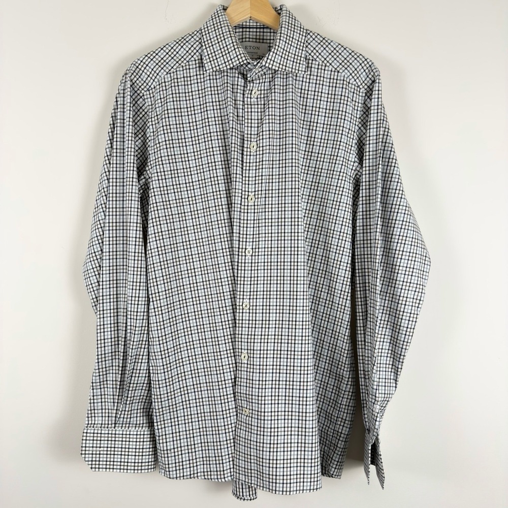 ETON contemporary Men's Dress Shirt M 15.5 White Blue Crown Check 100% Cotton